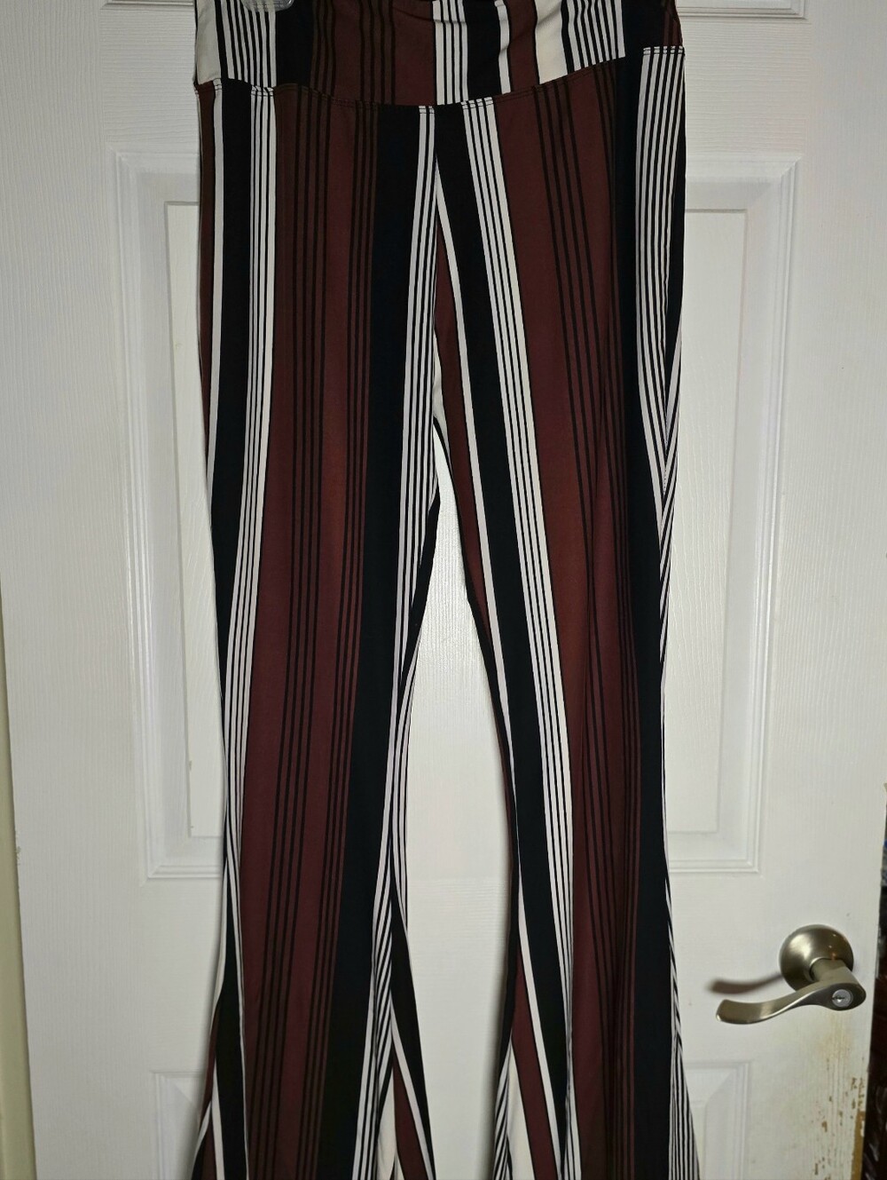 High-Rise Boot Cut Pants in Black, White & Reddish-Brown Stripe